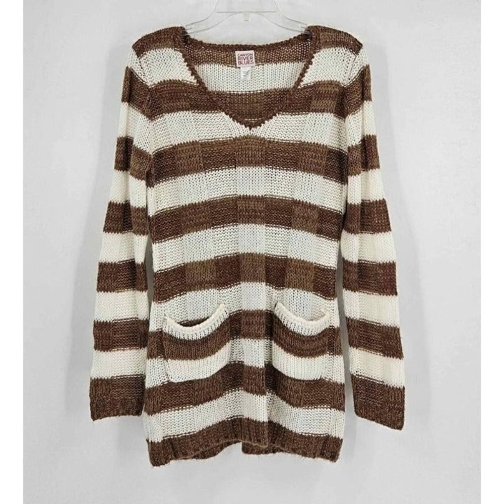 Canyon River Blue Womens Brown White Knit Ribbed Sweater Pockets Sz L